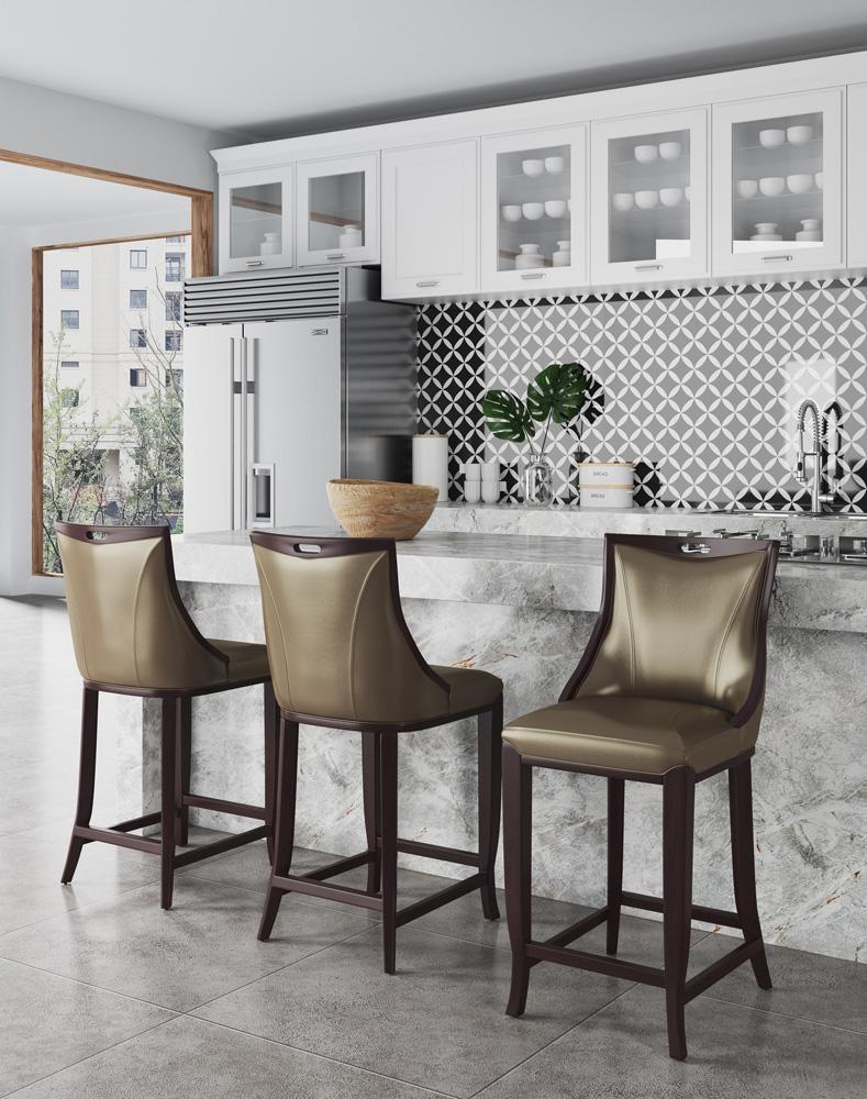 Manhattan Comfort - Emperor Faux Leather Bar Stool with Beech Wood Legs in Bronze and Walnut - Set of 2 - 2-BS008-BZ veiw 7