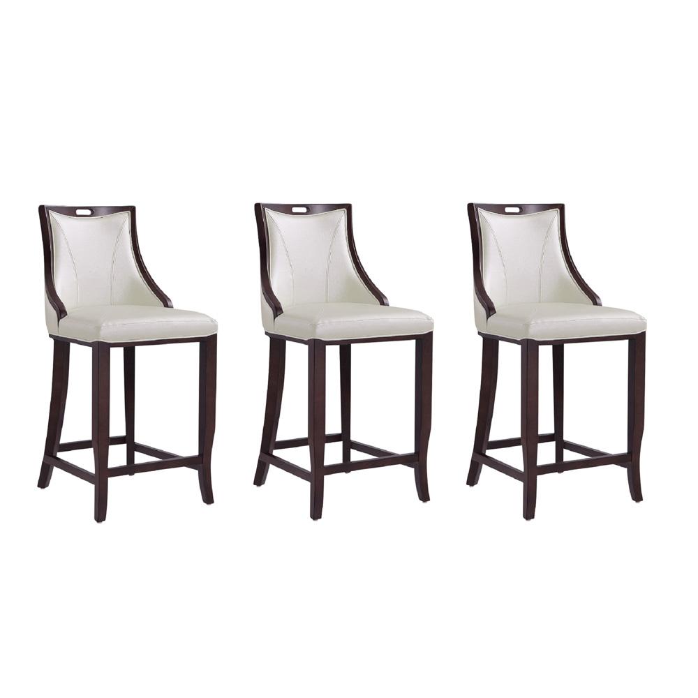 Manhattan Comfort - Emperor Faux Leather Bar Stool with Beech Wood Legs in Pearl White and Walnut - Set of 3 - 3-BS008-PW veiw 1