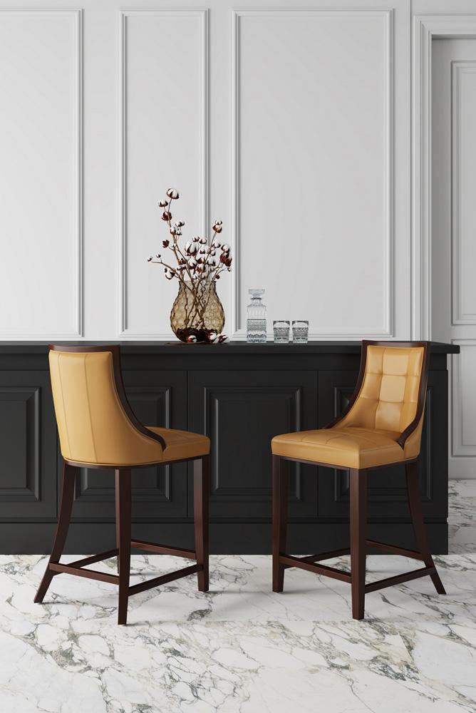 Manhattan Comfort - Fifth Avenue Faux Leather Counter Stool with Beech Wood Legs in Camel and Dark Walnut - Set of 2 - 2-CS012-CL veiw 7