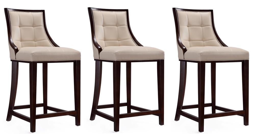 Manhattan Comfort - Fifth Avenue Faux Leather Counter Stool with Beech Wood Legs in Cream and Dark Walnut - Set of 3 - 3-CS012-CR veiw 1