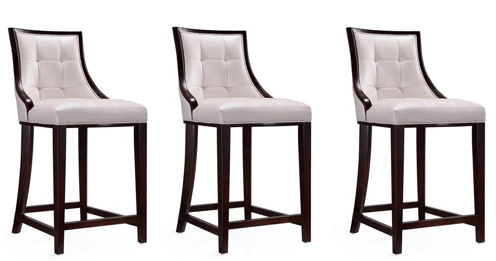 Manhattan Comfort - Fifth Avenue Faux Leather Counter Stool with Beech Wood Legs in Pearl White and Walnut - Set of 3 - 3-CS012-PW veiw 1
