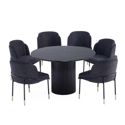 Manhattan Comfort - 7-Piece Flor and Hathaway Twill Weave Dining with Dining Chair - MetalDining Table - American Solid Ash Wood Legs in Black - 6-DT05DC052-BK veiw 1