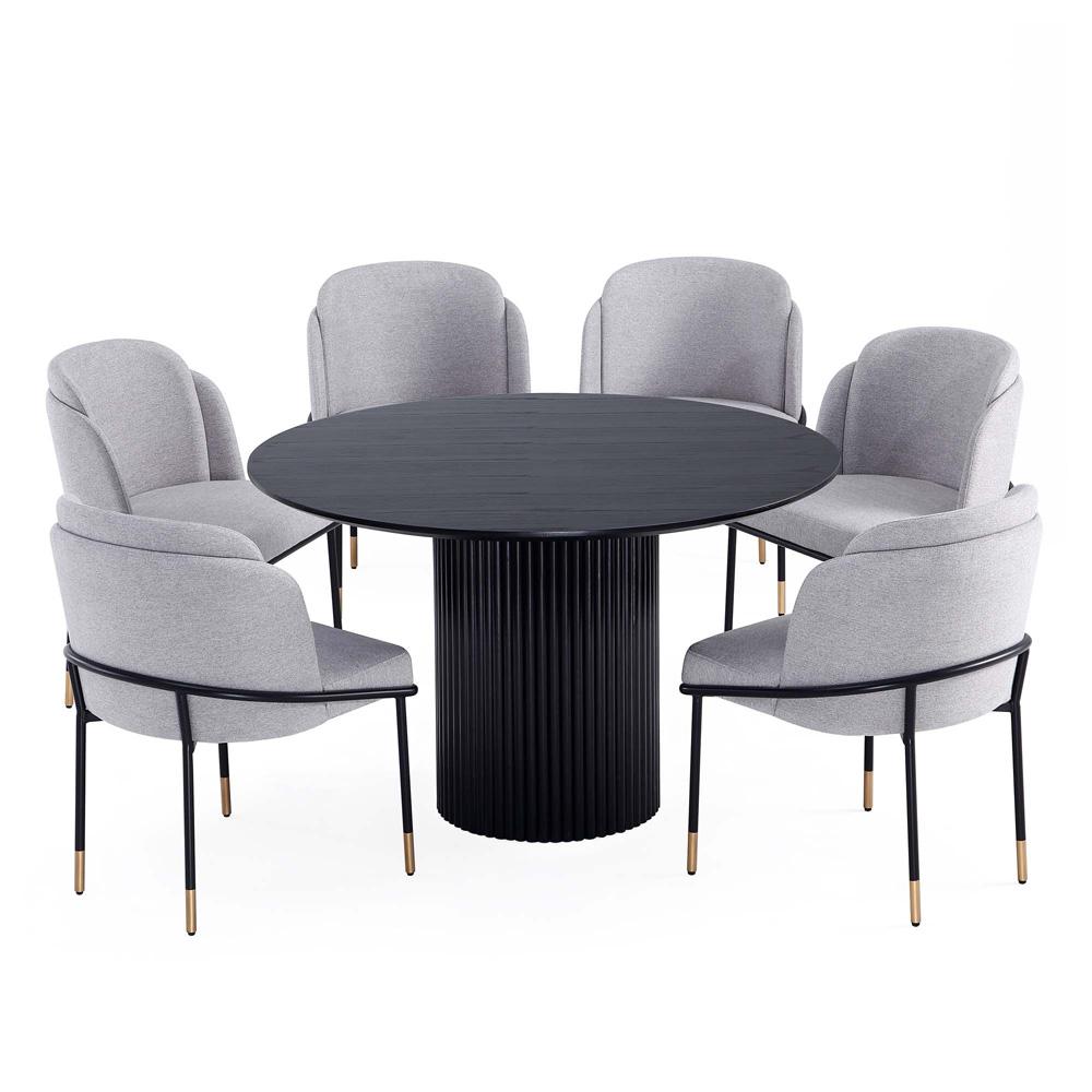 Manhattan Comfort - 7-Piece Flor and Hathaway Twill Weave Dining with Dining Chair - MetalDining Table - American Solid Ash Wood Legs in GreyBlack - 6-DT05DC052-GY veiw 1