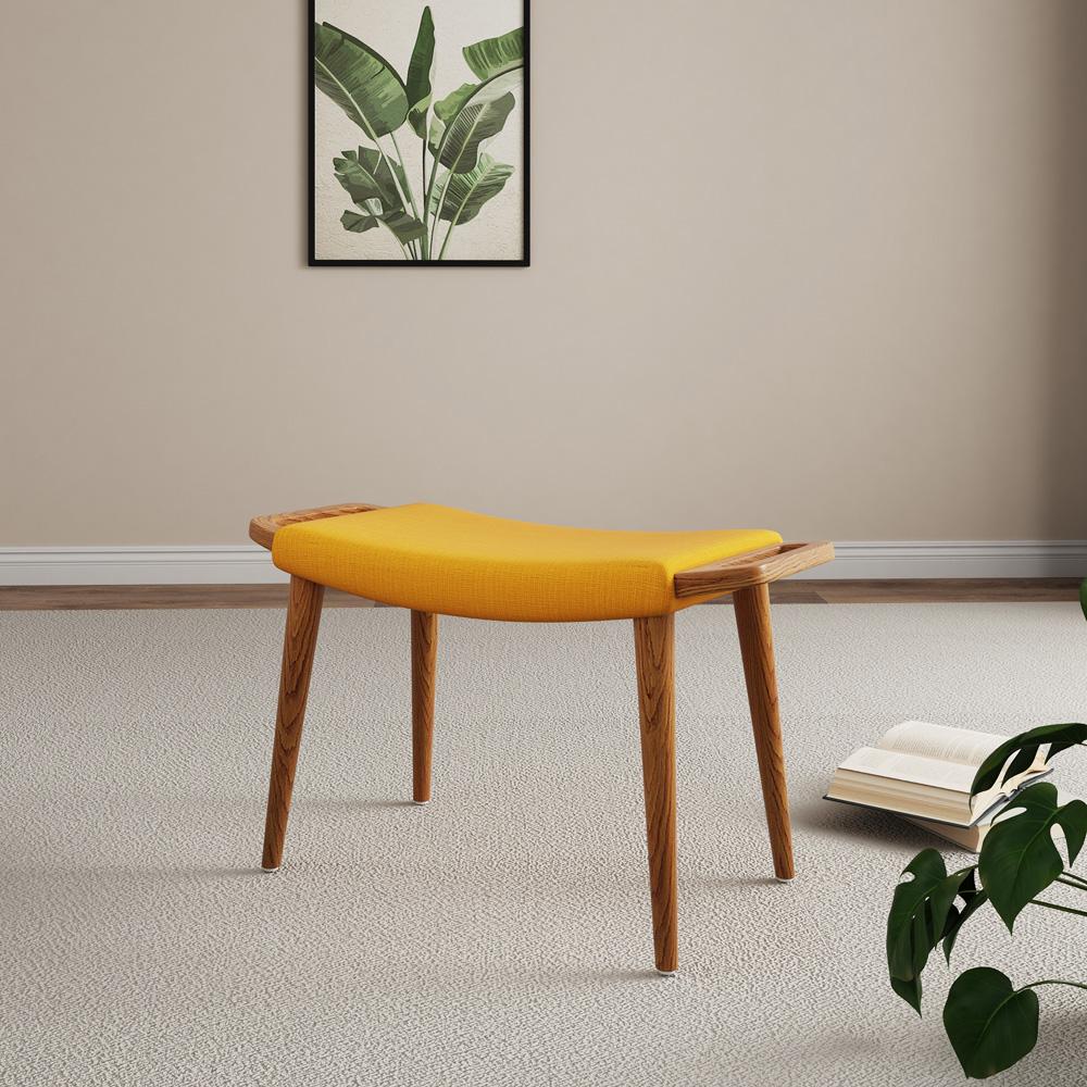 Manhattan Comfort - Geta Linen Weave Ottoman with Ash Wood Legs in Yellow and Antique Walnut - OT001-YL veiw 2