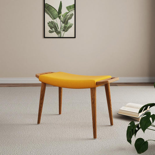 Manhattan Comfort - Geta Linen Weave Ottoman with Ash Wood Legs in Yellow and Antique Walnut - OT001-YL veiw 2