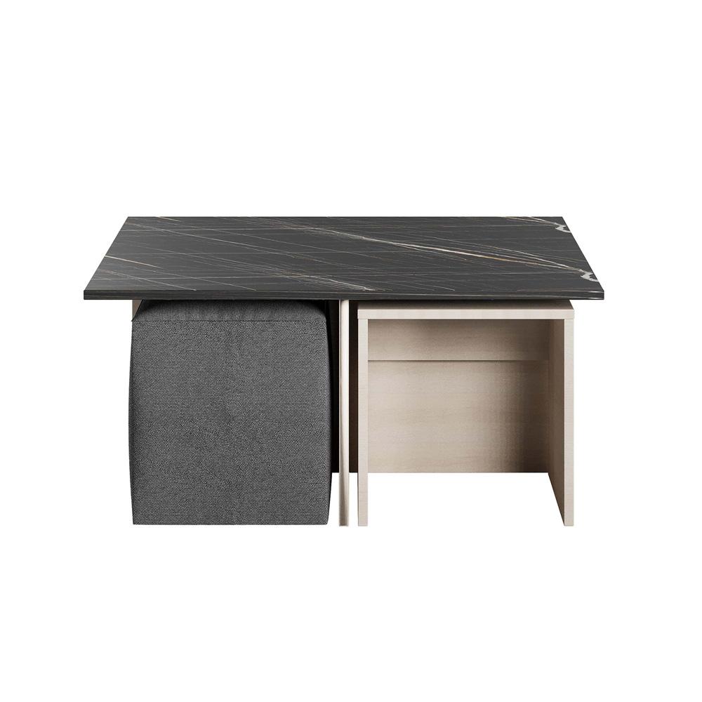 Manhattan Comfort - Haley Polyester Coffee Table and Ottoman Set with Manufactured Wood Legs in White and Black Marble - CT013-WB veiw 1