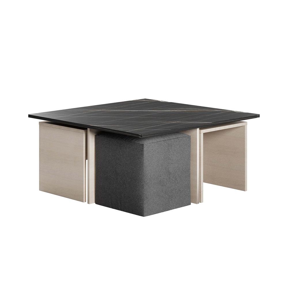 Manhattan Comfort - Haley Polyester Coffee Table and Ottoman Set with Manufactured Wood Legs in White and Black Marble - CT013-WB veiw 2