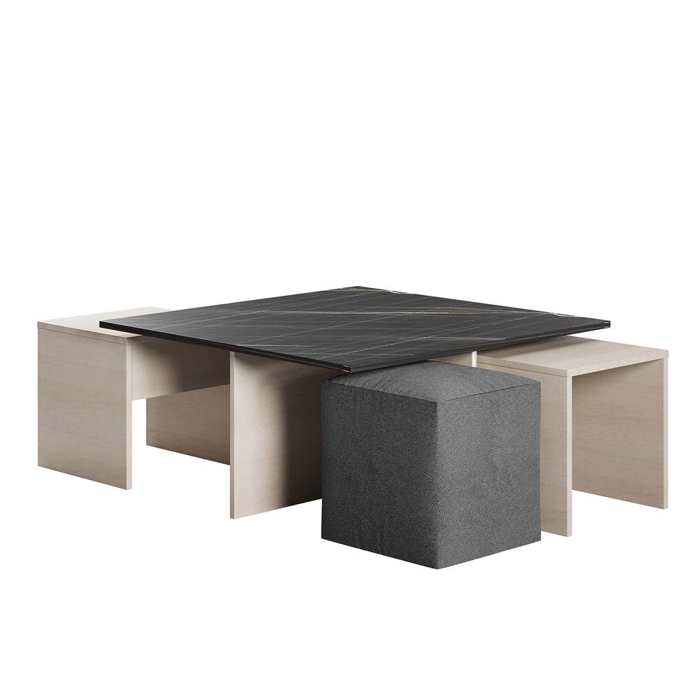 Manhattan Comfort - Haley Polyester Coffee Table and Ottoman Set with Manufactured Wood Legs in White and Black Marble - CT013-WB veiw 3