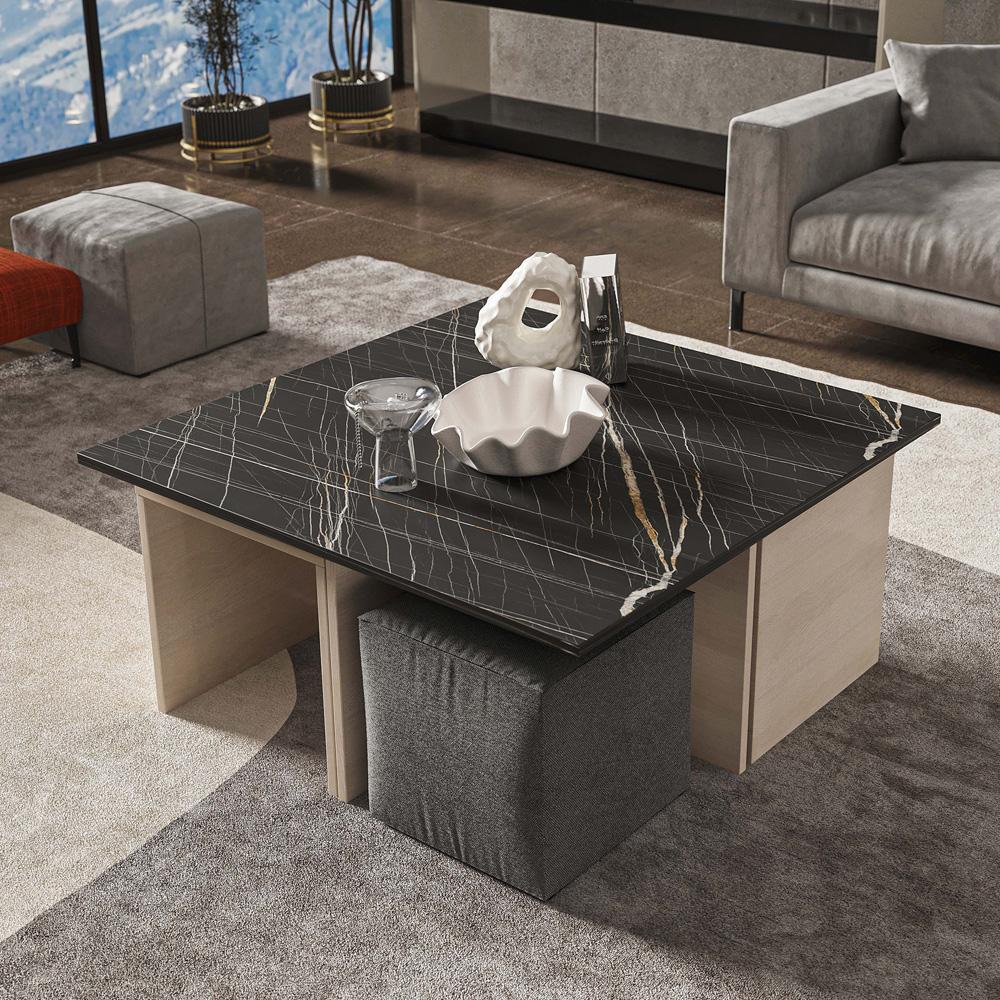 Manhattan Comfort - Haley Polyester Coffee Table and Ottoman Set with Manufactured Wood Legs in White and Black Marble - CT013-WB veiw 4