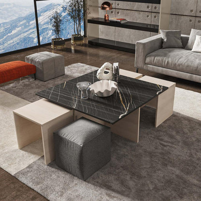 Manhattan Comfort - Haley Polyester Coffee Table and Ottoman Set with Manufactured Wood Legs in White and Black Marble - CT013-WB veiw 5