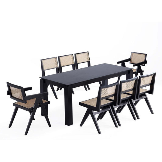 Manhattan Comfort - 9-Piece Hamlet and Rockaway Dining Set in Black and Natural CaneBlack - 8-DT02DCCA03-BK veiw 1