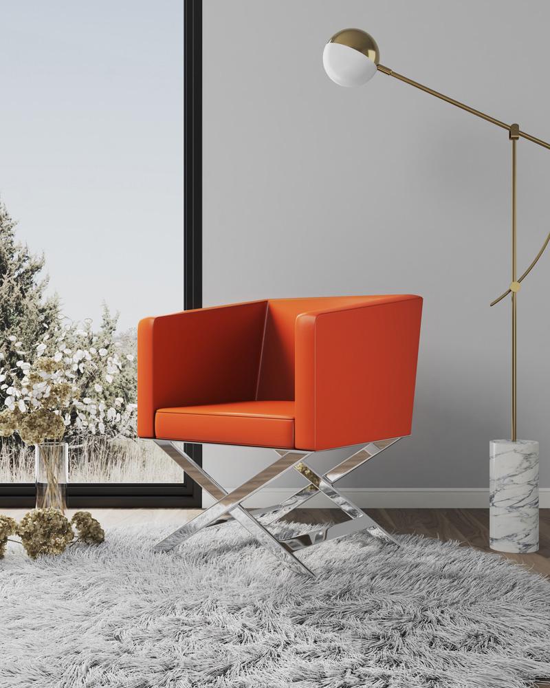 Manhattan Comfort - Hollywood Faux Leather Accent Chair with Stainless Steel Legs in Orange and Polished Chrome - Set of 2 - 2-AC050-OR veiw 8