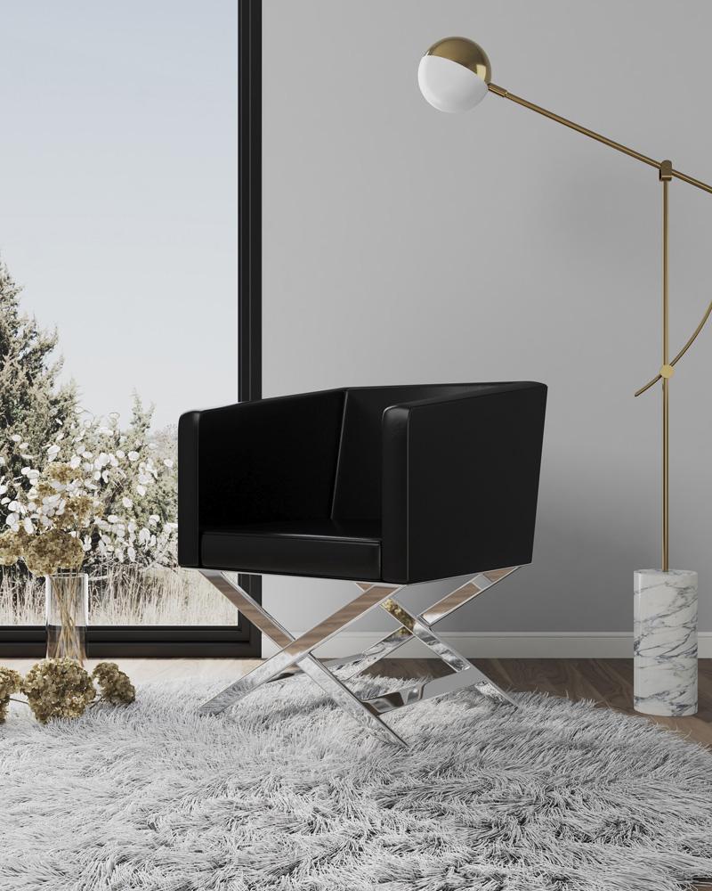 Manhattan Comfort - Hollywood Faux Leather Accent Chair with Stainless Steel Legs in Black and Polished Chrome - AC050-BK veiw 6