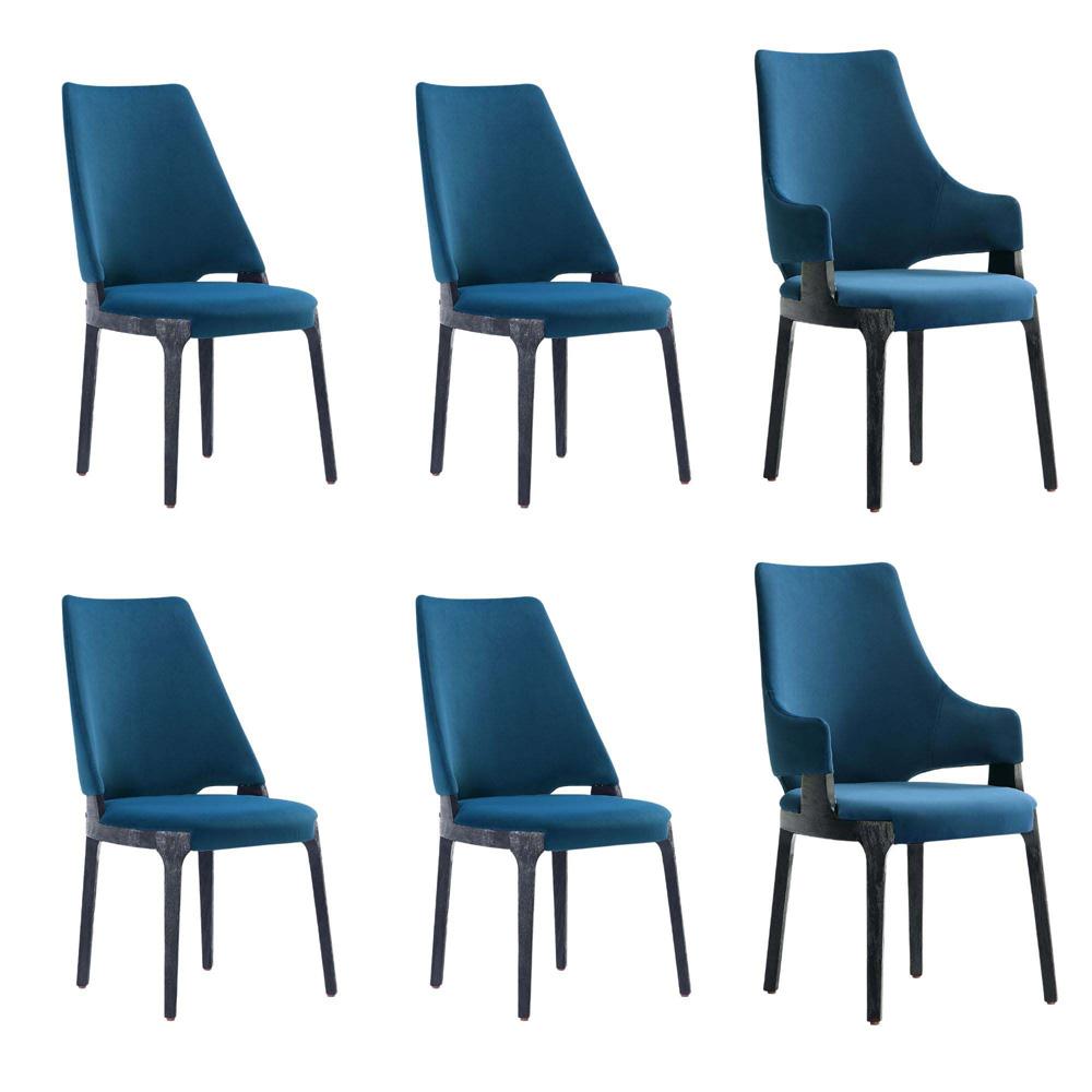 Manhattan Comfort - 6-Piece Kara Velvet Dining Chair and Arm Chair with Beech Wood Legs in Blue - 4-DC057-BL veiw 1