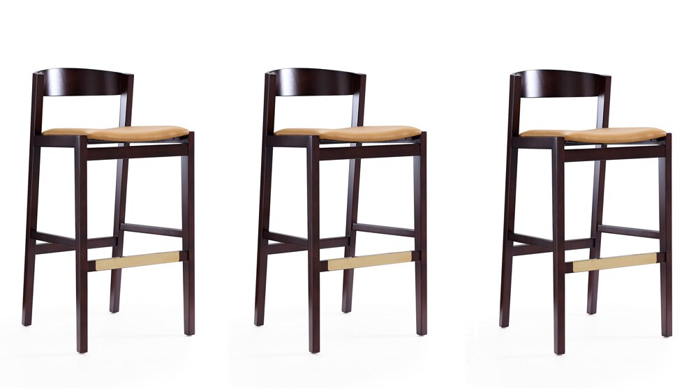 Manhattan Comfort - Klismos Faux Leather Bar Stool in Camel and Dark Walnut - Set of 3 - 3-BS014-CL veiw 1