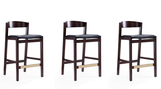 Manhattan Comfort - Klismos Faux Leather Counter Stool in Black and Dark Walnut - Set of 3 - 3-CS007-BK veiw 1