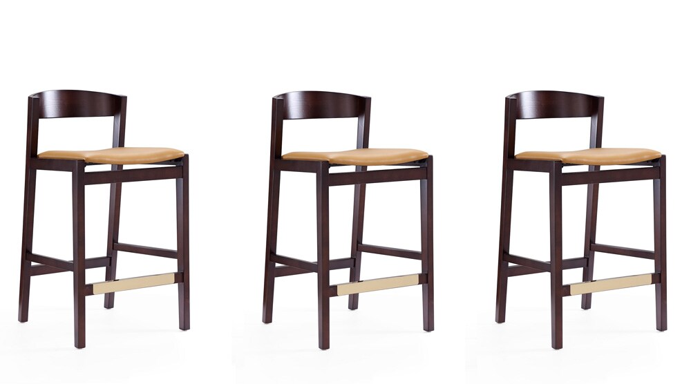 Manhattan Comfort - Klismos Faux Leather Counter Stool in Camel and Dark Walnut - Set of 3 - 3-CS007-CL veiw 1
