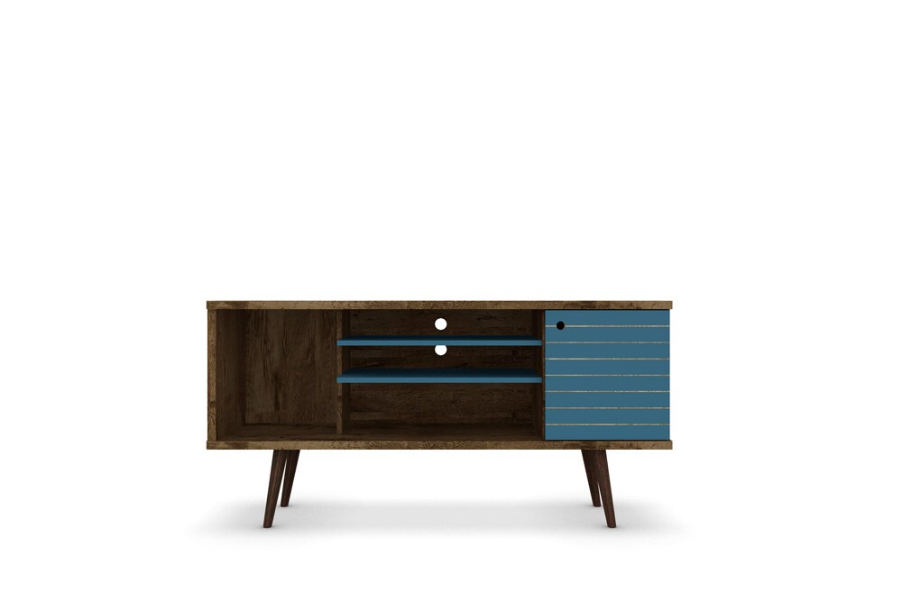 Manhattan Comfort - Liberty TV Stand with 5 Fixed Shelves in Rustic Brown and Aqua Blue - 200AMC93 veiw 1