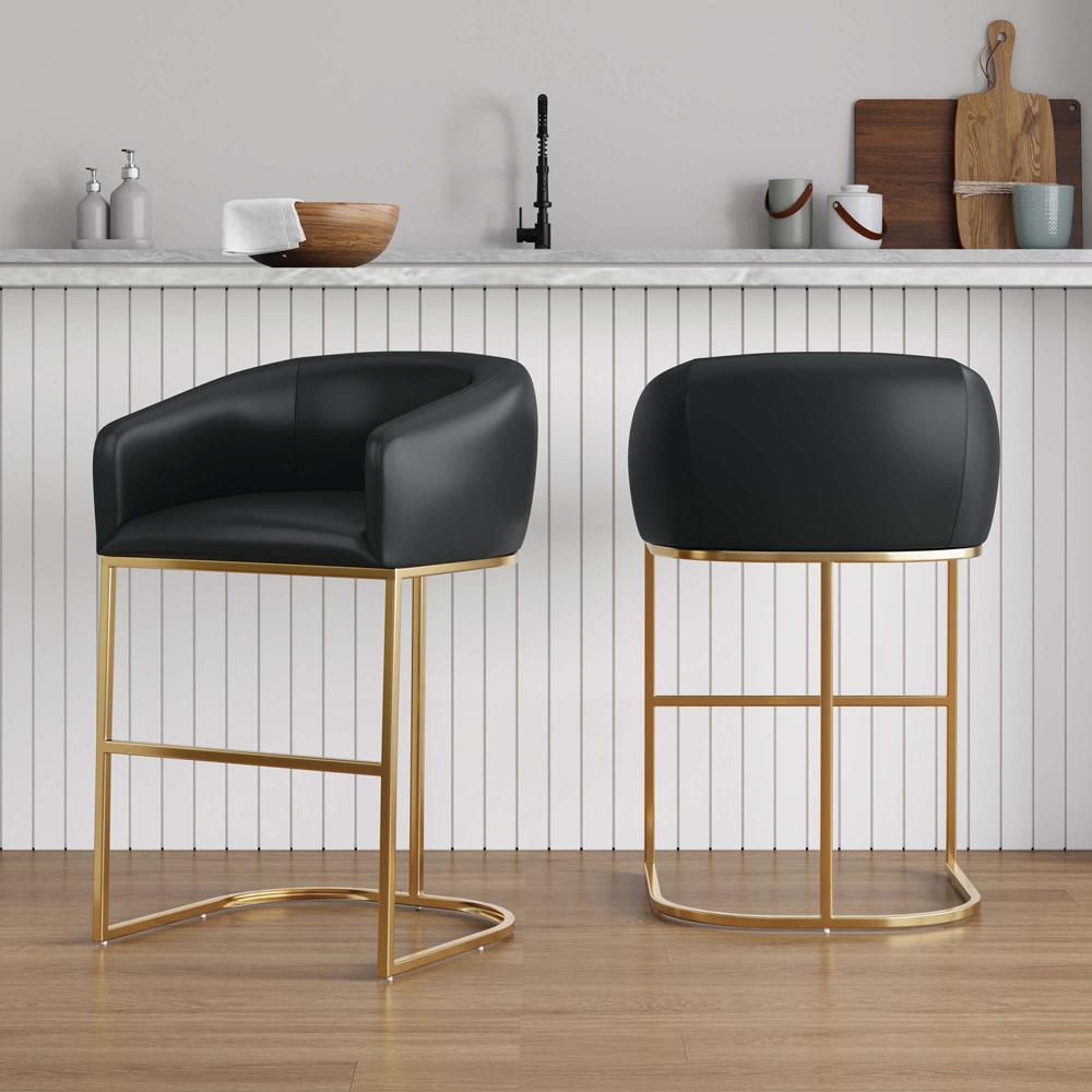 Manhattan Comfort - Louvre Leatherette Barstool with Stainless Steel Legs in Black and Titanium Gold - Set of 2 - 2-BS016-BK veiw 9