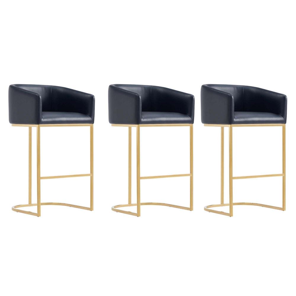 Manhattan Comfort - Louvre Leatherette Barstool with Stainless Steel Legs in Black and Titanium Gold - Set of 3 - 3-BS016-BK veiw 1