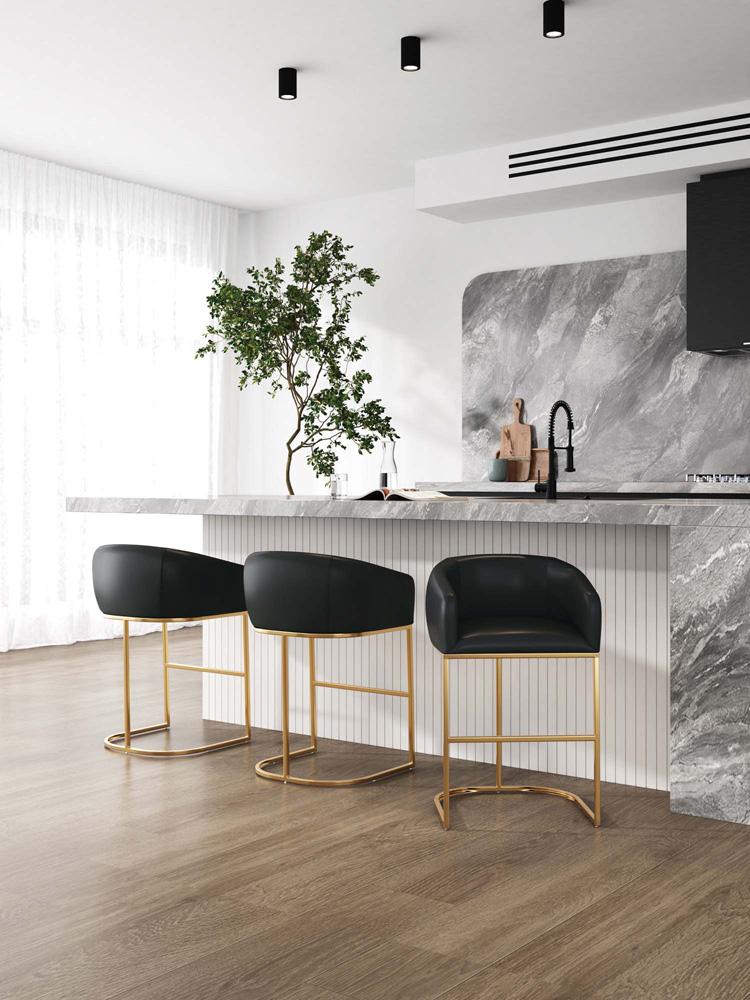 Manhattan Comfort - Louvre Leatherette Barstool with Stainless Steel Legs in Black and Titanium Gold - Set of 3 - 3-BS016-BK veiw 9