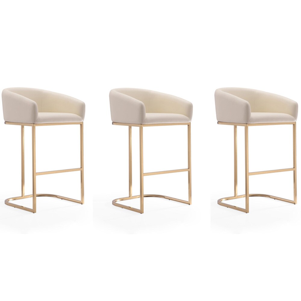Manhattan Comfort - Louvre Faux Leather Barstool with Stainless Steel Legs in Cream and Titanium Gold - Set of 3 - 3-BS016-CR veiw 1
