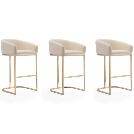 Manhattan Comfort - Louvre Faux Leather Barstool with Stainless Steel Legs in Cream and Titanium Gold - Set of 3 - 3-BS016-CR veiw 1