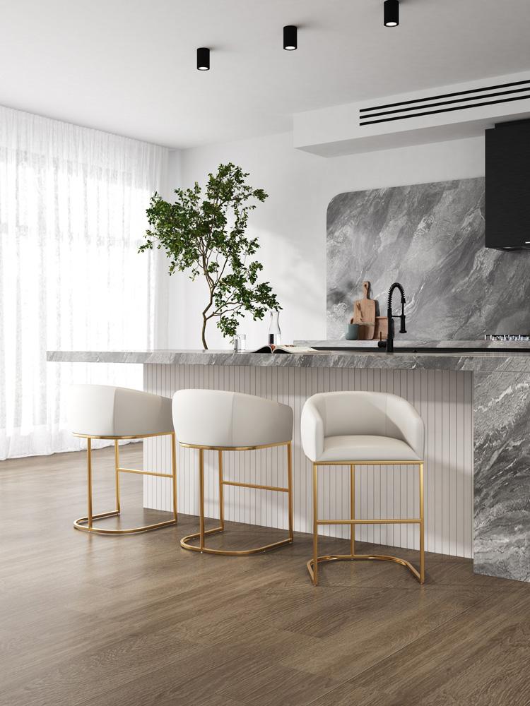 Manhattan Comfort - Louvre Faux Leather Barstool with Stainless Steel Legs in Cream and Titanium Gold - Set of 3 - 3-BS016-CR veiw 8