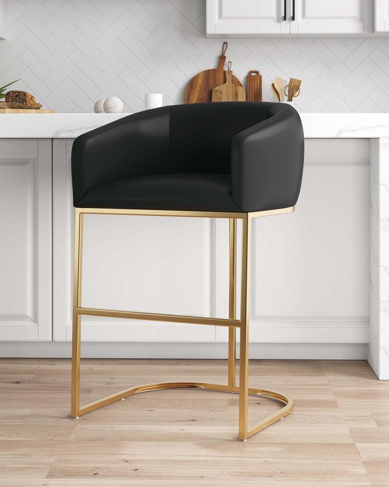 Manhattan Comfort - Louvre Leatherette Barstool with Stainless Steel Legs in Black and Titanium Gold - BS016-BK veiw 9
