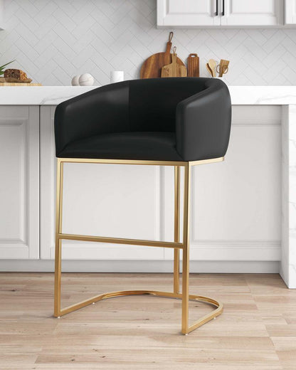 Manhattan Comfort - Louvre Leatherette Barstool with Stainless Steel Legs in Black and Titanium Gold - BS016-BK veiw 9