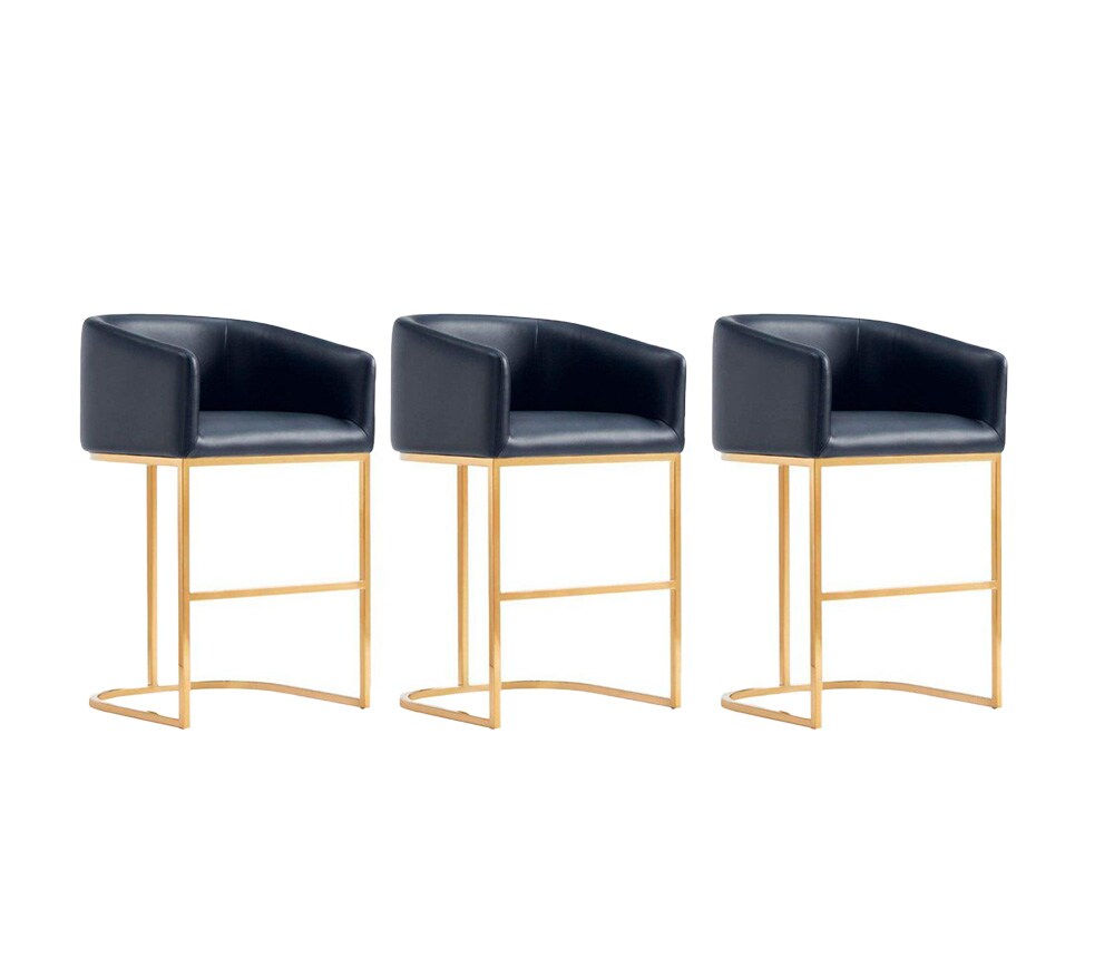 Manhattan Comfort - Louvre Leatherette Counter Stool with Stainless Steel Legs in Black and Titanium Gold - Set of 3 - 3-CS009-BK veiw 1