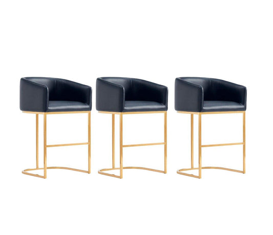 Manhattan Comfort - Louvre Leatherette Counter Stool with Stainless Steel Legs in Black and Titanium Gold - Set of 3 - 3-CS009-BK veiw 1