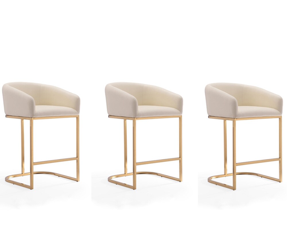 Manhattan Comfort - Louvre Faux Leather Counter Stool with Stainless Steel Legs in Cream and Titanium Gold - Set of 3 - 3-CS009-CR veiw 1
