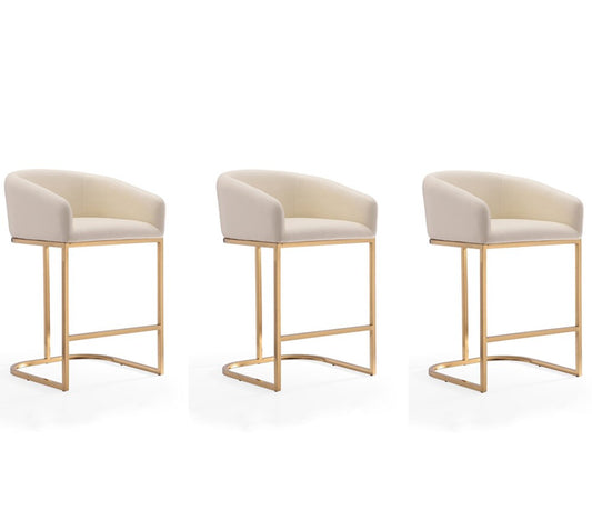 Manhattan Comfort - Louvre Faux Leather Counter Stool with Stainless Steel Legs in Cream and Titanium Gold - Set of 3 - 3-CS009-CR veiw 1
