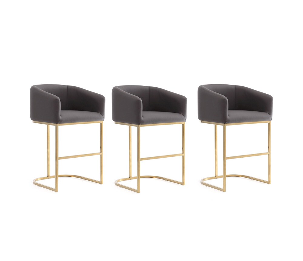 Manhattan Comfort - Louvre Faux Leather Counter Stool with Stainless Steel Legs in Grey and Titanium Gold - Set of 3 - 3-CS009-GY veiw 1