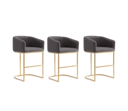 Manhattan Comfort - Louvre Faux Leather Counter Stool with Stainless Steel Legs in Grey and Titanium Gold - Set of 3 - 3-CS009-GY veiw 1