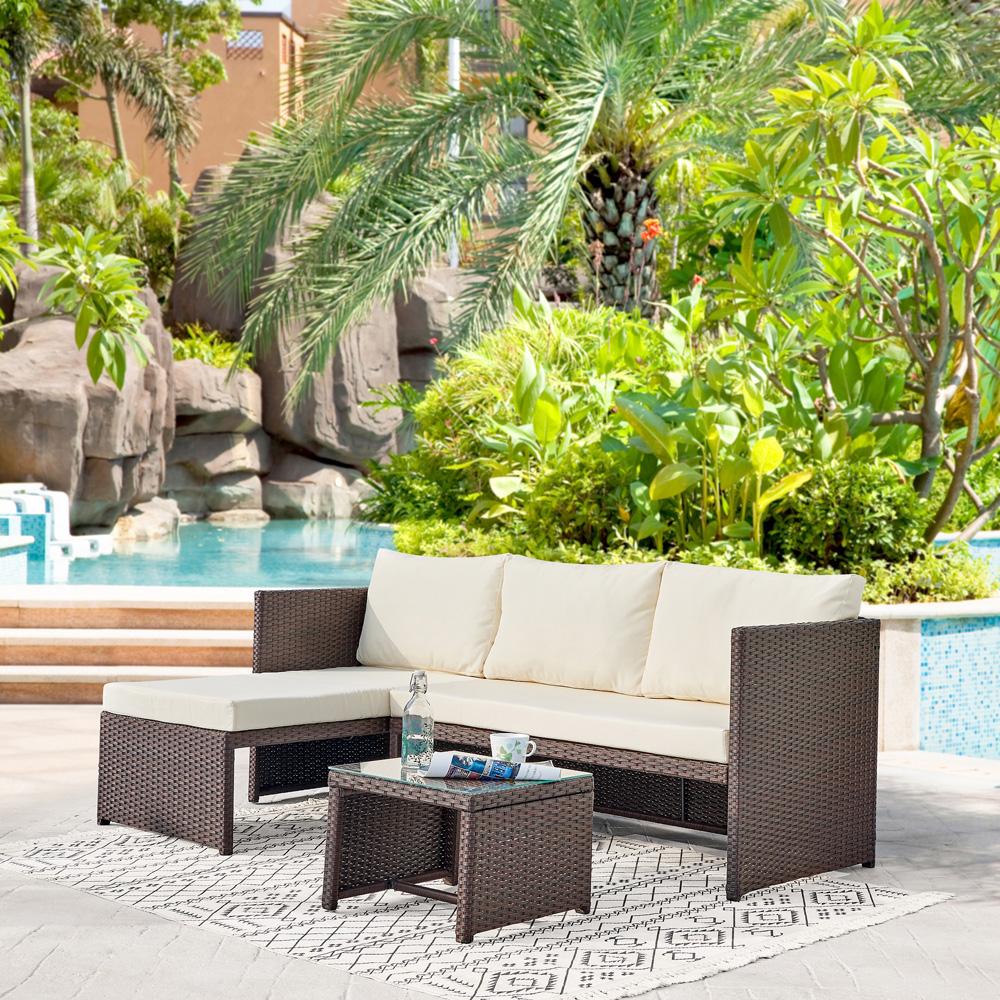 Manhattan Comfort - 3-Piece Menton Patio 2-Seater and Lounge Chair with Coffee Table in Brown and Cream - OD-CV009-CR veiw 10