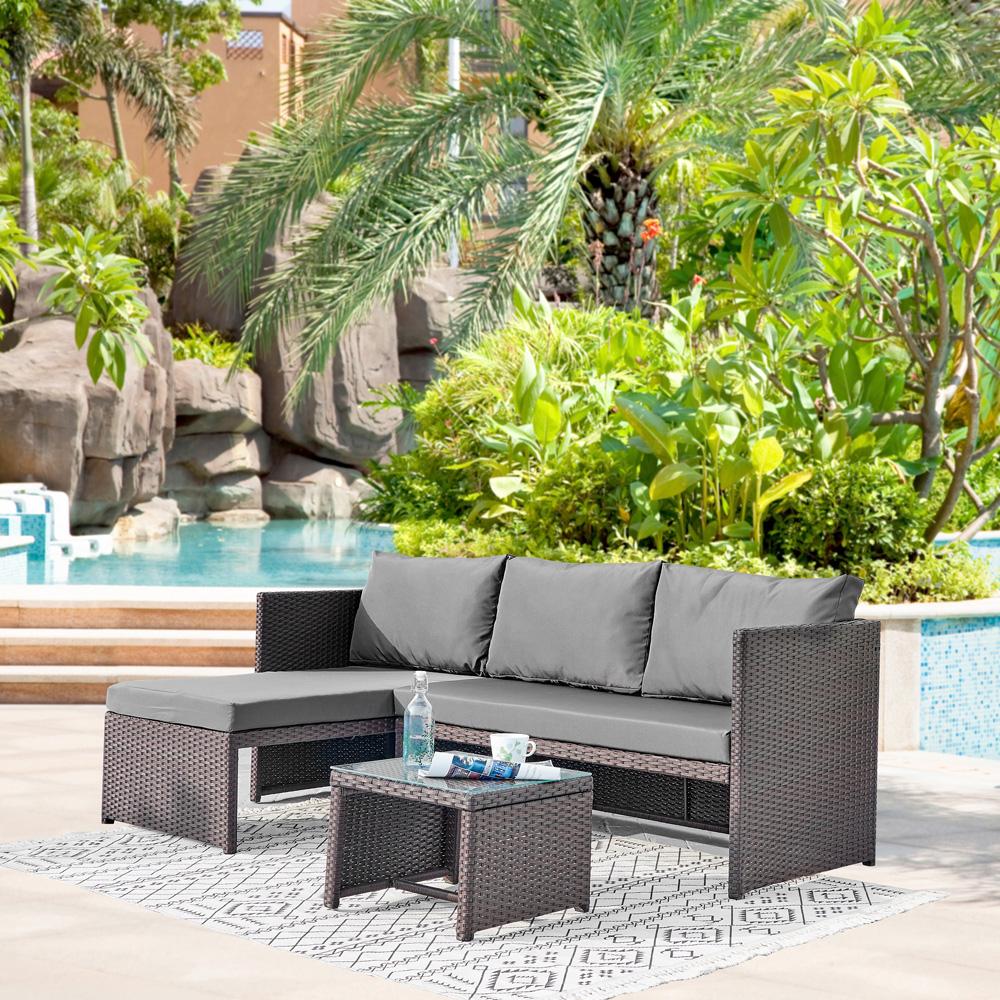 Manhattan Comfort - 3-Piece Menton Patio 2-Seater and Lounge Chair with Coffee Table in Brown and Grey - OD-CV009-GY veiw 10