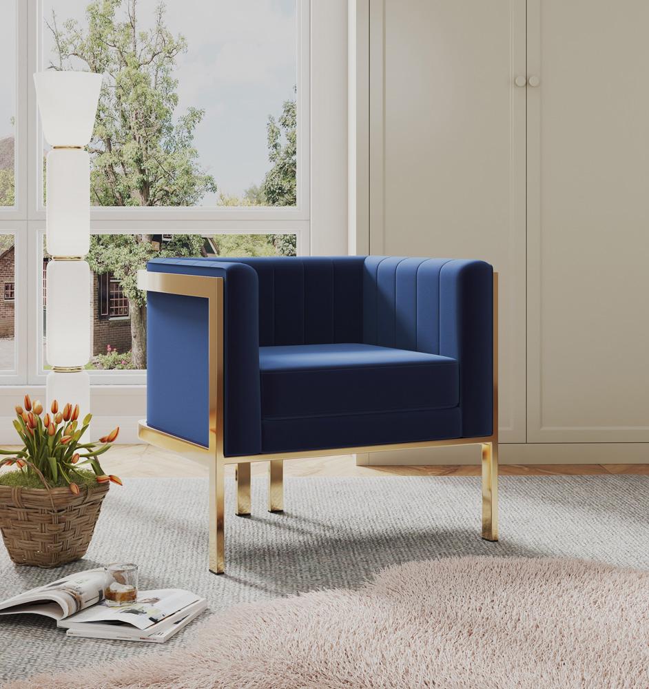 Manhattan Comfort - Paramount Velvet Accent Chair with Metal Legs in Royal Blue and Polished Brass - Set of 2 - 2-AC053-BL veiw 7