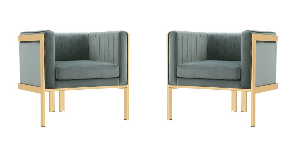Manhattan Comfort - Paramount Velvet Accent Chair with Metal Legs in Warm Grey and Polished Brass - Set of 2 - 2-AC053-GY veiw 1