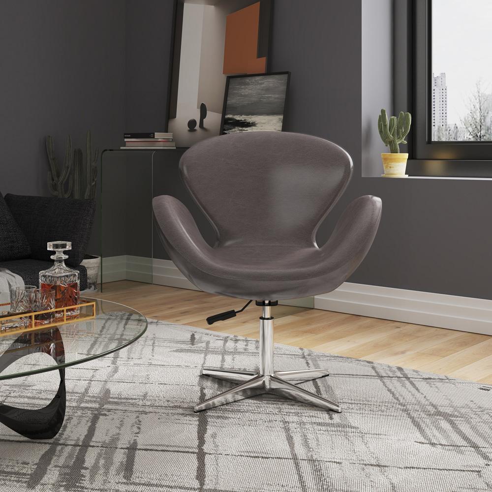 Manhattan Comfort - Raspberry Faux Leather Accent Chair with Metal Legs in Pebble and Polished Chrome - Set of 2 - 2-AC038-PE veiw 7