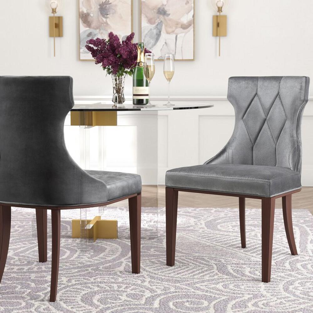 Manhattan Comfort - Reine Velvet Dining Chairs with Beech Wood Legs in Grey and Walnut - Set of 2 - DC007-GY veiw 6