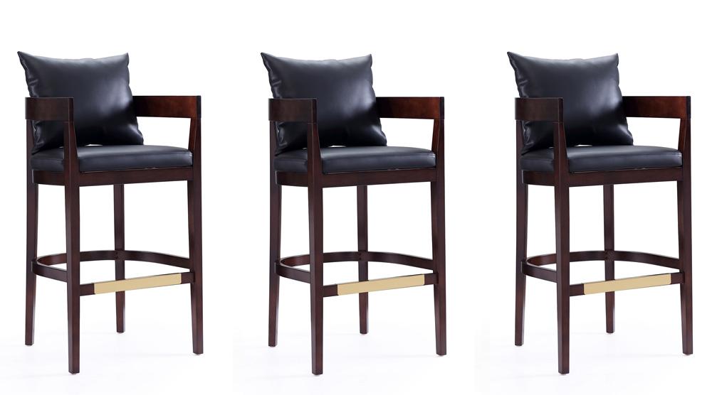 Manhattan Comfort - Ritz Faux Leather Bar Stool with Beech Wood Legs in Black and Dark Walnut - Set of 3 - 3-BS013-BK veiw 1