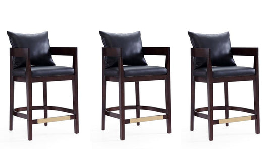 Manhattan Comfort - Ritz Faux Leather Counter Stool with Beech Wood Legs in Black and Dark Walnut - Set of 3 - 3-CS006-BK veiw 1