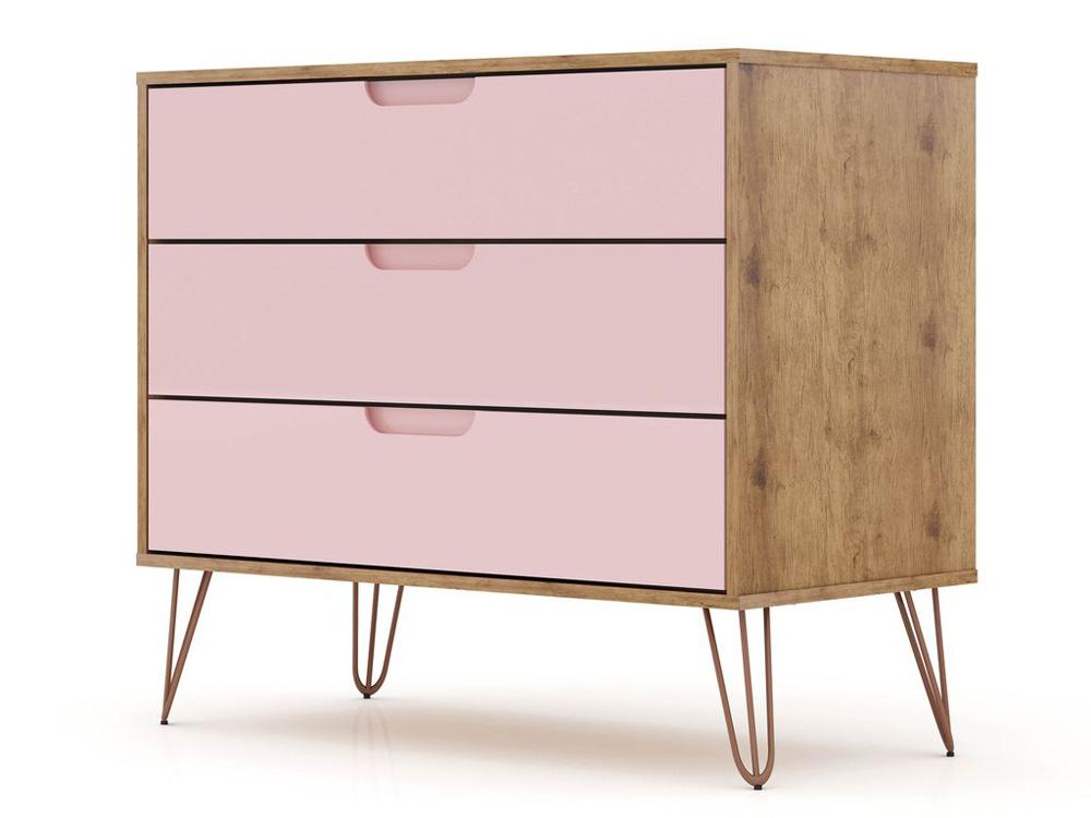 Manhattan Comfort - Rockefeller Dresser with 3 Drawers in Nature and Rose Pink - 103GMC6 veiw 2
