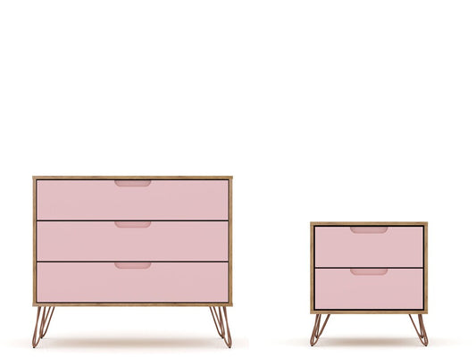 Manhattan Comfort - 2-Piece Rockefeller Dresser and Nightstand with 5 Drawers in Nature and Rose Pink - 104GMC6 veiw 1