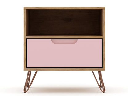 Manhattan Comfort - Rockefeller Nightstand with 1 Drawers in Nature and Rose Pink - 101GMC6 veiw 1