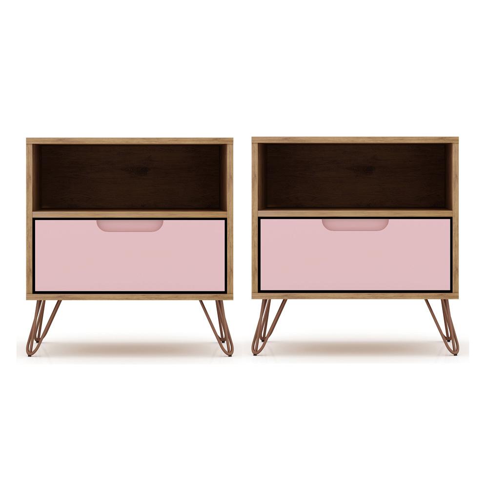 Manhattan Comfort - Rockefeller Nightstand with 2 Drawers in Nature and Rose Pink - Set of 2 - 2-101GMC6 veiw 1