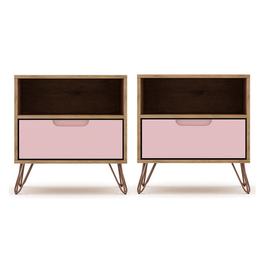 Manhattan Comfort - Rockefeller Nightstand with 2 Drawers in Nature and Rose Pink - Set of 2 - 2-101GMC6 veiw 1