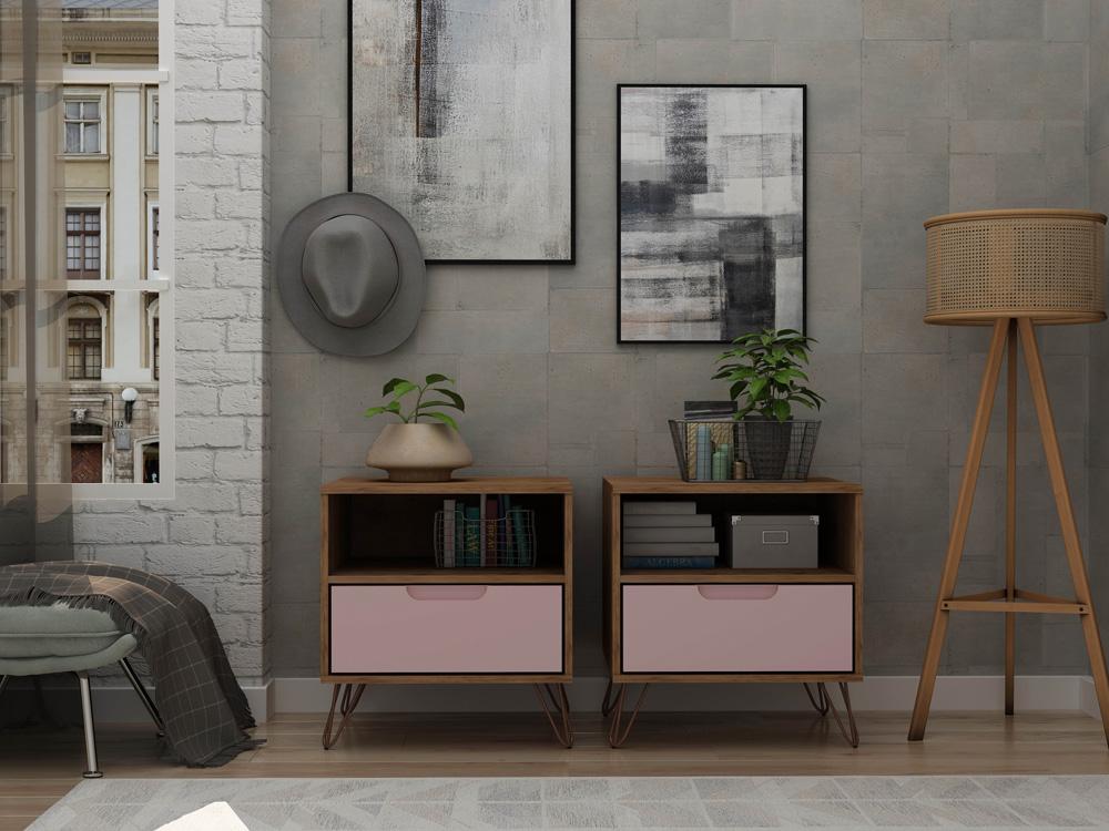 Manhattan Comfort - Rockefeller Nightstand with 2 Drawers in Nature and Rose Pink - Set of 2 - 2-101GMC6 veiw 9